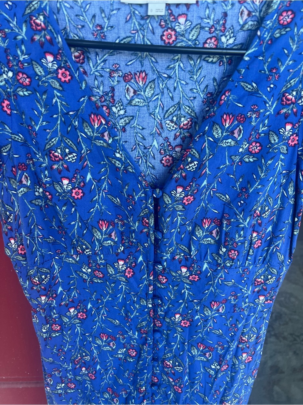 LOFT Blue Floral Button-Front V-Neck Midi Dress - Picture 5 of 9